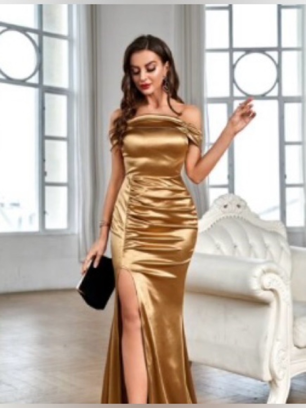 Gold Off-Shoulder Satin Evening Dress